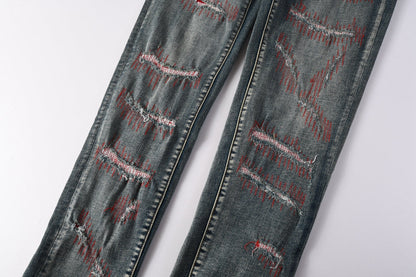 Men Streetwear Skinny Jeans Light Blue Wash with Red - Patched Distressed Details 9114