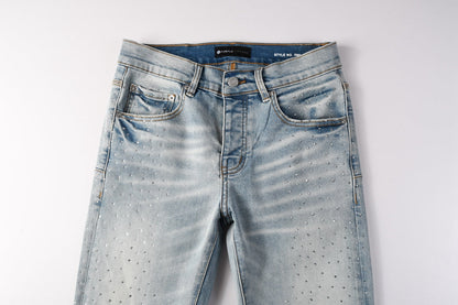 Men Streetwear Skinny Jeans Light Blue with Rhinestone Studs and Distressed Details PU9119