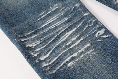 Men Streetwear Skinny Jeans Dark Blue Wash with White Brushstroke Distress 9040