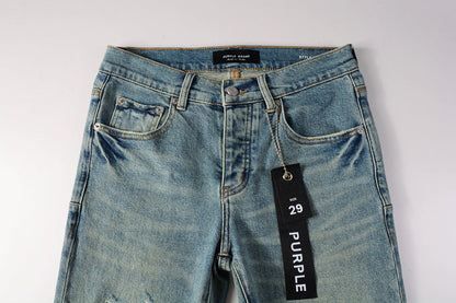 Men Streetwear Skinny Jeans Light Blue Wash with Distressed Ripped Knee Details 9076