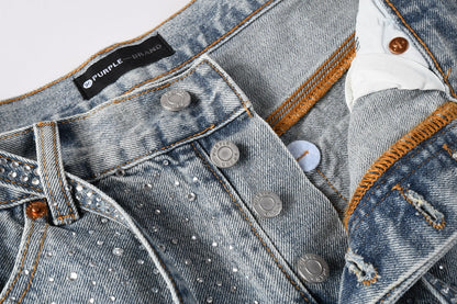 Men Streetwear Straight Denim Shorts Grey Wash with Rhinestone Speckles and Seam Accents 5096