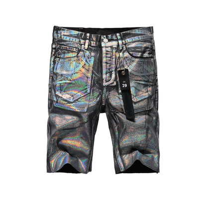 Men Streetwear Denim Shorts Black Wash with Holographic Reflective Finish and Raw Hem 5028