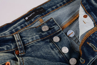 Men Streetwear Skinny Jeans Light Blue Wash with Patchwork Distressed Details 9015