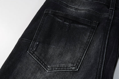 Men Streetwear Skinny Jeans Black - Gray Fade Wash with White Paint Specks 9027