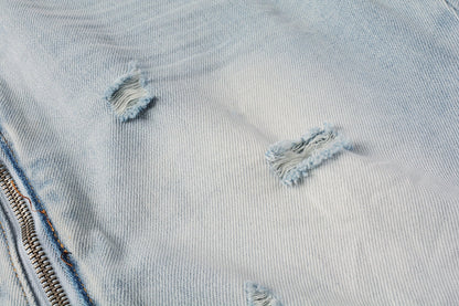 Men Streetwear Denim Shorts Light Blue Wash with Side Zipper and Distressed Raw Hem 5086