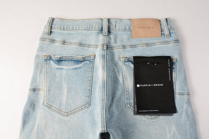 Men Streetwear Denim Shorts Light Blue Wash with White Distressed Patches and Raw Hem 5069
