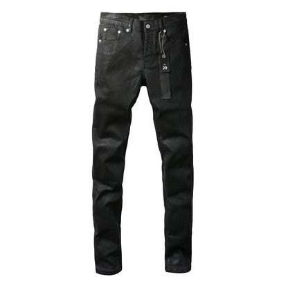 Men Streetwear Skinny Jeans Black Wash with Subtle Sheen and Tag Accent 9082