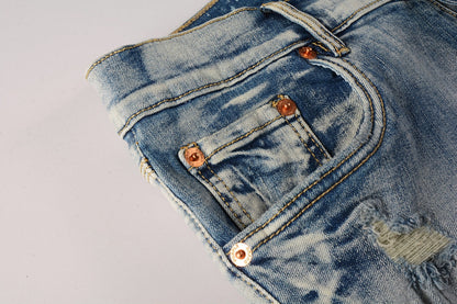 Men Streetwear Skinny Jeans Light Blue Wash with Heavy Distressed Rips 9050