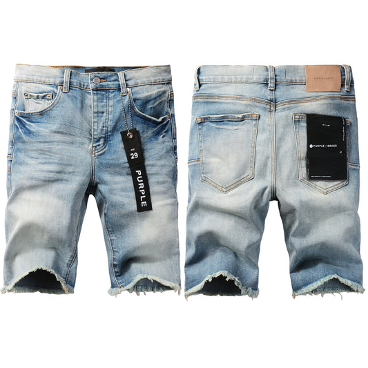 Men Streetwear Denim Shorts Light Blue Wash with Raw Hem and Vintage Finish 5016