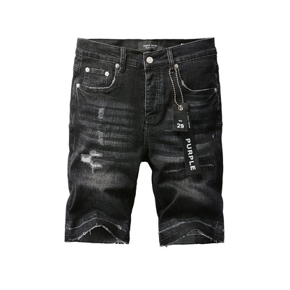 Men Streetwear Denim Shorts Black Wash with Distressed Rips and Raw Hem 5083