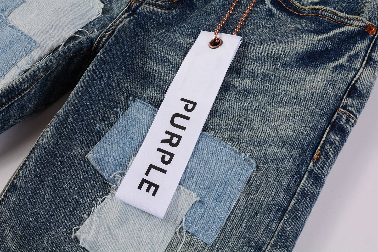Men Streetwear Skinny Jeans Light Blue Wash with Patchwork Distressed Details 9015