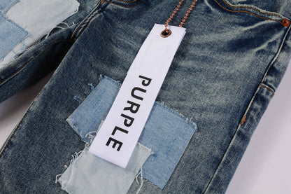 Men Streetwear Skinny Jeans Light Blue Wash with Patchwork Distressed Details 9015