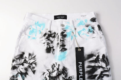 Men Streetwear Denim Shorts White Wash with Blue - Black Ink Floral Print and Raw Hem 5065