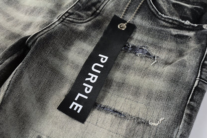 Men Streetwear Denim Shorts Grey Black Wash with Leopard Print Ripped Details and Raw Hem 5068