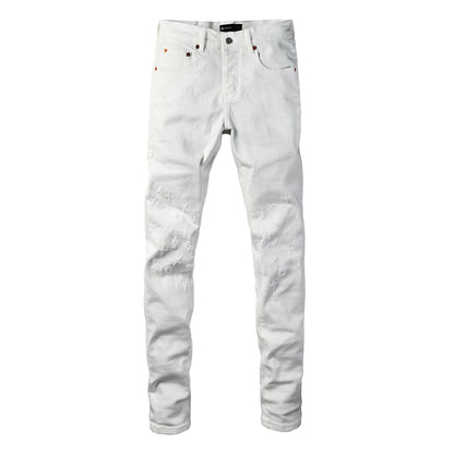 Men Designer Streetwear Skinny Jeans Solid White with 3D Embossed Monogram Pattern 9113