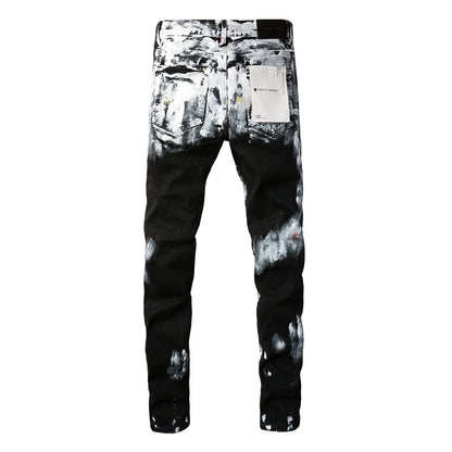 Men Streetwear Skinny Jeans Black and White Graffiti Wash with Multi - Color Paint Accents 9020