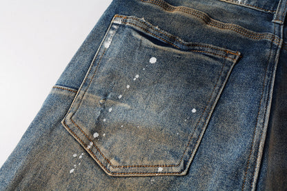 Men Streetwear Skinny Jeans Light Blue Wash with Distressed Rips and White Paint Splatter 9012