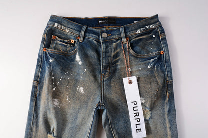 Men Streetwear Skinny Jeans Light Blue Wash with Distressed Rips and White Paint Splatter 9012