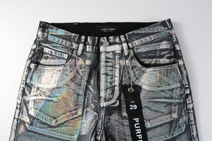 Men Streetwear Denim Shorts Black Wash with Holographic Reflective Finish and Raw Hem 5028