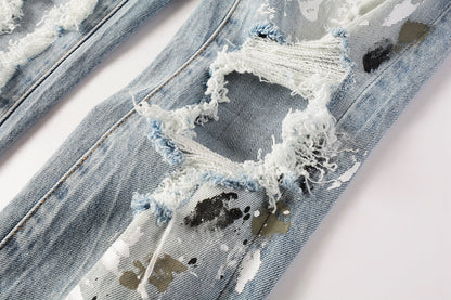 Men Streetwear Jeans Light Blue Paint Splash Distressed Ripped skinny 9100