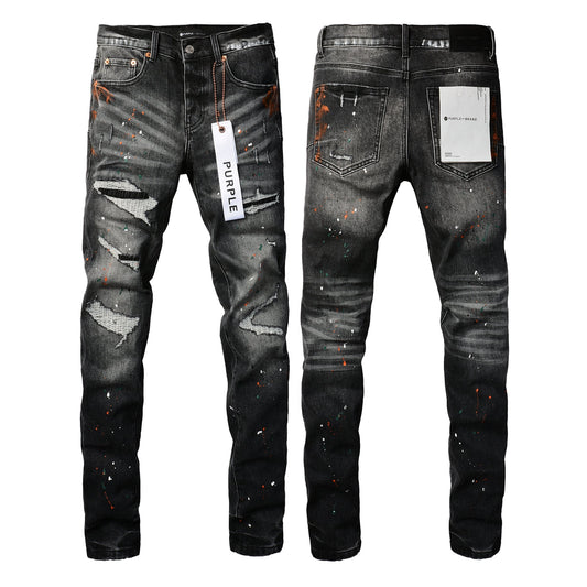 Men Streetwear Skinny Jeans Dark Gray Wash with Distressed Rips and Multi-Color Paint Splatter 9018