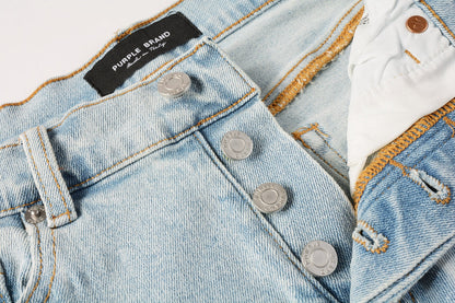 Men Streetwear Denim Shorts Light Blue Wash with White Distressed Patches and Raw Hem 5069