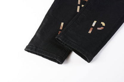 Men Streetwear Skinny Jeans Black Wash with All-Over Metallic Gold "P" Print 9008