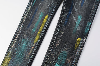 Men Streetwear Skinny Jeans Black Wash with Colorful Graffiti Paint Splash 9078