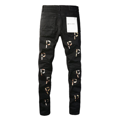 Men Streetwear Skinny Jeans Black Wash with All-Over Metallic Gold "P" Print 9008