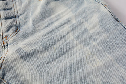 Men Streetwear Skinny Jeans Light Blue Wash with White Brushstroke Texture 7017