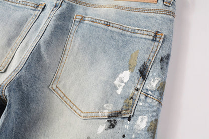 Men Streetwear Jeans Light Blue Paint Splash Distressed Ripped skinny 9100