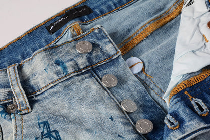 Men Streetwear Skinny Jeans Light Blue Wash with White Paint Brush Strokes 9063