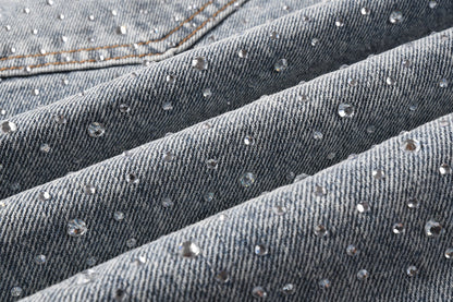 Men Streetwear Straight Denim Shorts Grey Wash with Rhinestone Speckles and Seam Accents 5096