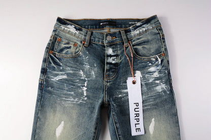 Men Streetwear Skinny Jeans Light Blue Wash with White Paint Brush Strokes 9060