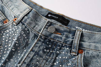 Men Streetwear Cargo Denim Shorts Light Blue Wash with Rhinestone Embellishment and Distressed Details 5097