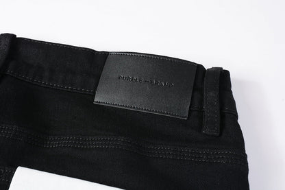 Men Streetwear Skinny Jeans Black Wash with All-Over Metallic Gold "P" Print 9008