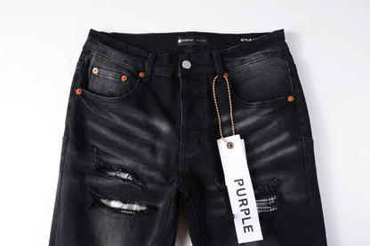 Men Streetwear Skinny Jeans Black Wash with Distressed Rips, Checkered Patches and White Paint Splatter 9001