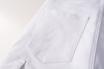 Men Streetwear White Cargo Denim Shorts with Multiple Pockets and Raw Hem 5082