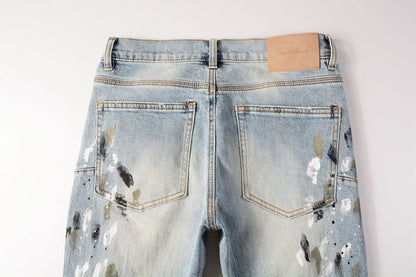Men Streetwear Jeans Light Blue Paint Splash Distressed Ripped skinny 9100