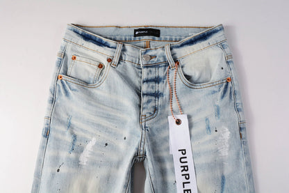 Men Streetwear Skinny Jeans Light Blue Wash with White Paint Splatter and Subtle Distress 9006
