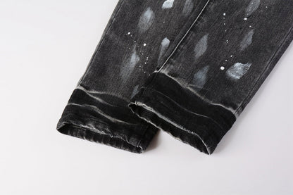 Men Streetwear Skinny Jeans Dark Gray Wash with White Paint Splatter and Distressed Rips 9032