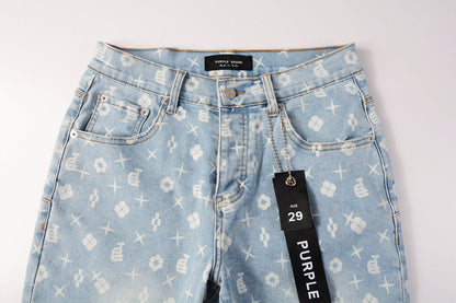 Men Streetwear Denim Shorts Light Blue Wash with White Geometric Print and Raw Hem 5089