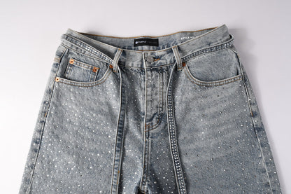 Men Streetwear Straight Denim Shorts Grey Wash with Rhinestone Speckles and Seam Accents 5096