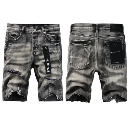 Men Streetwear Denim Shorts Grey Black Wash with Leopard Print Ripped Details and Raw Hem 5068