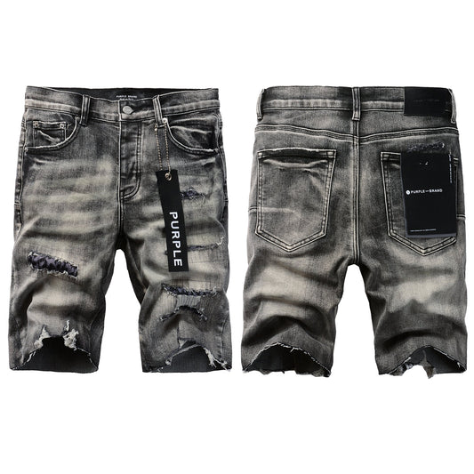 Men Streetwear Denim Shorts Grey Black Wash with Leopard Print Ripped Details and Raw Hem 5068