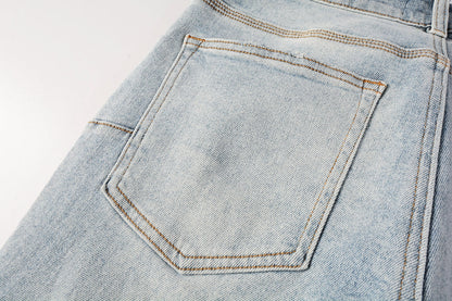 Men Streetwear Skinny Jeans Light Blue Wash with Knee Ripped Details and Black Lining 9010