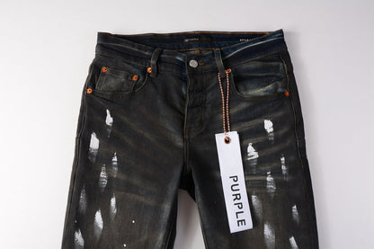 Men Streetwear Skinny Jeans Dark Gray Wash with White Paint Splatter and Brush Strokes 9036
