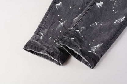 Men Streetwear Skinny Jeans Dark Gray Wash with Knee Rips and White Paint Splatter 9039