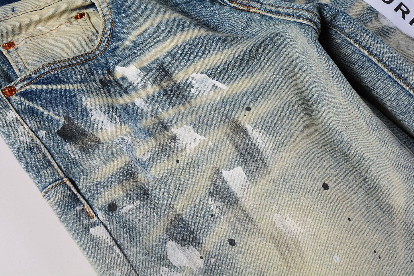 Men Streetwear Skinny Jeans Light Blue Wash with White Paint Splatter and Distressed Rips 9007