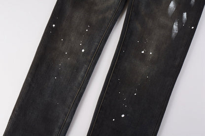 Men Streetwear Skinny Jeans Dark Gray Wash with White Paint Splatter and Brush Strokes 9036